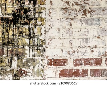 Exterior brick wall splashed with black and white paint, with light digital oil-painting effect, 3D rendering. For background or element with themes of grunge, defacement, or experimentation.