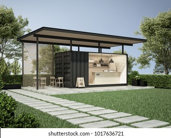 Exterior Container Cafe In Garden 3D Render