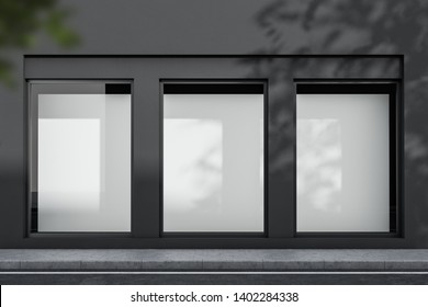 Exterior of gray building with three vertical mock up posters in windows. Concept of advertising and marketing. 3d rendering