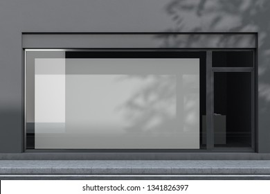 Exterior of gray office or shop with glass door and big horizontal mock up poster hanging in the window. Concept of advertising. 3d rendering