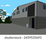 Exterior illustration of factory building, loading area, tree, bush, empty parking lot, cartoon background, grey painted facade, archtiecture, sunny day, white clouds, blue sky