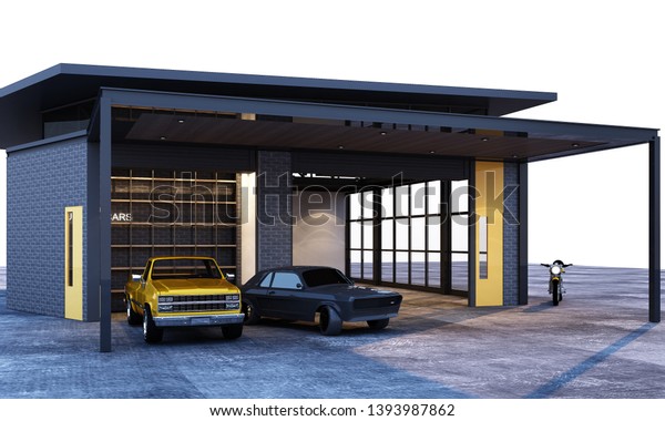 Exterior and interior garage industrial loft\
style with cars. 3d\
rendering