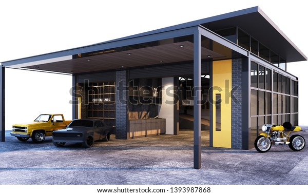Exterior and interior garage industrial loft\
style with cars. 3d\
rendering