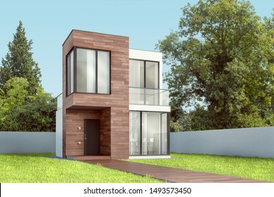 Exterior Modern House Of A Small Area With Wooden Boards. 3D Illustration