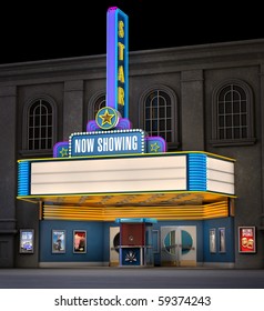 Exterior night shot of a retro illuminated neon movie theater