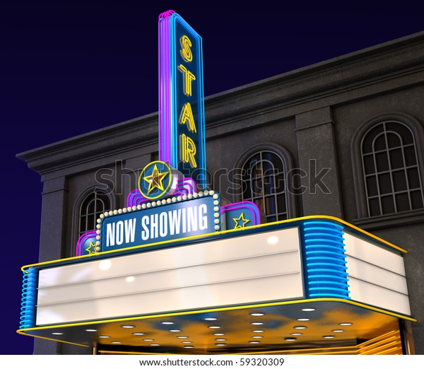 レトロな照明のネオン映画館の外観の夜間撮影 のイラスト素材