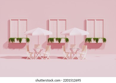 Exterior Of Outdoor Cafe With Pastel Pink Color. The Shop Has Blank Sign, Table And Chairs, Coffee Street Cart. Coffee Shop, Front Of Classical Style Commercial.  3D Render For Creative Social Media.