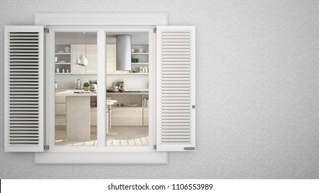 Exterior Plaster Wall With White Window With Shutters, Showing Interior Minimalist Wooden Kitchen With Island, Blank Background With Copy Space, Architecture Design Concept, 3d Illustration