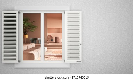 Exterior Plaster Wall With White Window With Shutters, Showing Colored Contemporary Living Room, Blank Background With Copy Space, Architecture Design Concept Idea, Mockup Template, 3d Illustration