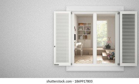 Exterior Plaster Wall With White Window With Shutters, Showing Interior Modern Children Bedroom, Blank Background With Copy Space, Architecture Design Concept Idea, Mockup Template, 3d Illustration