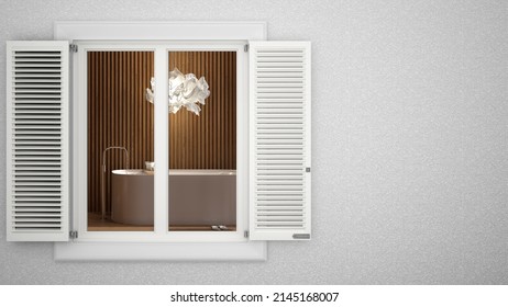 Exterior plaster wall with white window with shutters, showing interior modern wooden spa bathroom, blank background with copy space, architecture design concept idea, mockup template, 3d illustration
