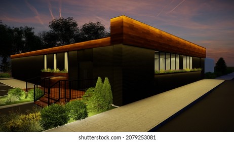 Exterior Render Of One Story Restaurant Or Commercial Building 