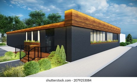 Exterior Render Of One Story Restaurant Or Commercial Building 