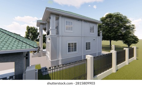Exterior side-angle 3D architectural render of a luxurious two-story neoclassical white house featuring grand pillars, a secure perimeter wall with a fence, and landscaped surroundings under a bright blue sky with white clouds