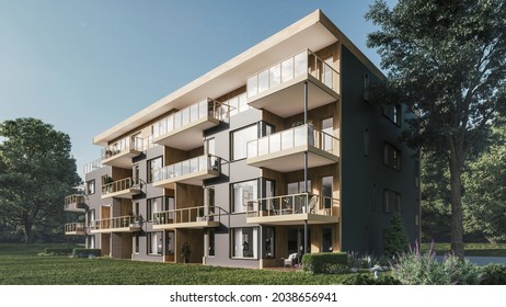 Exterior Of A Small Apartment Building. The Exterior Of A Modern Condominium. Modern Typical New Residential Building. 3d Illustration