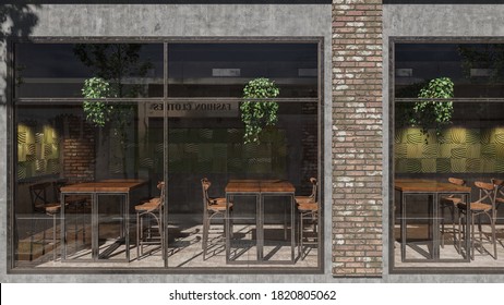 Exterior Of A Small Business With Empty Tables And Chairs During The Daytime 3D Rendering