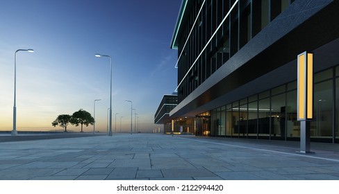 Exterior view of urban street and commercial office buildings exterior. 3d rendering