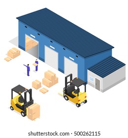 Exterior Warehouse Building Business Delivery. Isometric View. Illustration