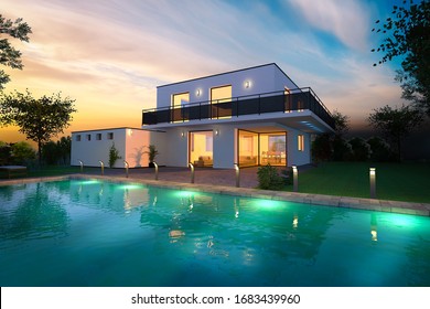 External view of a 3D modern house at night with outdoor lighting and swimming pool