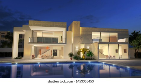 Außenansicht eines modernen Hauses mit Pool bei 3D-Darstellung der Abenddämmerung