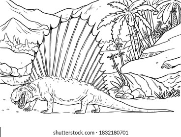 Extinct dinosaur - Dimetrodon. Dino isolated drawing. Coloring book template.