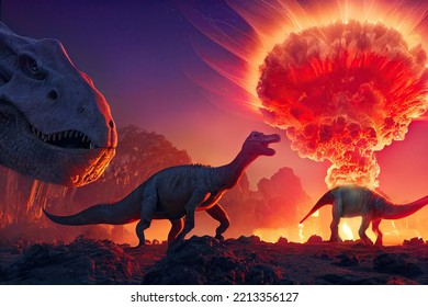 Extinction Of The Dinosaurs By A Meteor Impact In A Jurassic Forest. 3D Rendering.