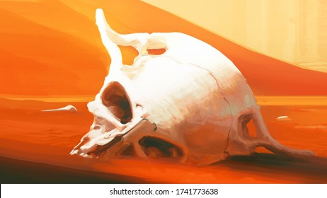 Extinction. Skull of humanoid lying in sand. Science fiction. 2d illustration.