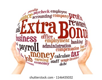 Extra bonus word cloud sphere  concept on white background. 