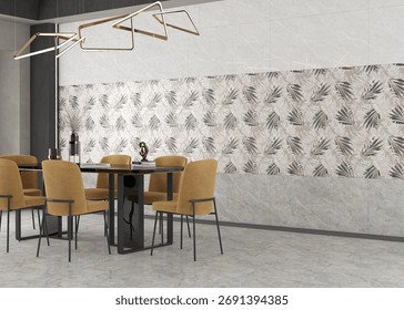 Extra ordinary dining area interior featuring tiled walls and modern minimalist furniture, six chaired dining table with quartz tabletop. 3D Illustrations. 3D Rendering