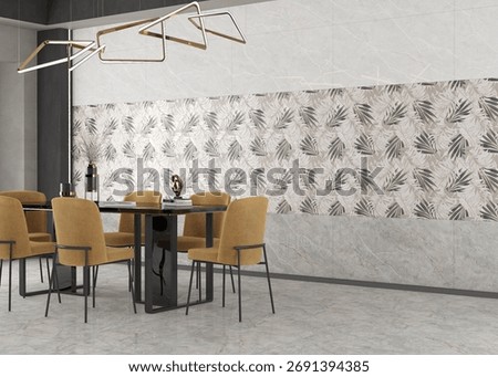 Extra ordinary dining area interior featuring tiled walls and modern minimalist furniture, six chaired dining table with quartz tabletop. 3D Illustrations. 3D Rendering