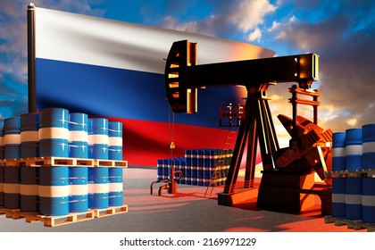 Extraction Of Oil Brand Urals. Petroleum In Blue Barrels. Russian Flag Behind Oil Field. Development Of Hydrocarbon Deposit. Pump Extracting Oil And Metal Barrels. Import Fuel From Russia. 3d Image