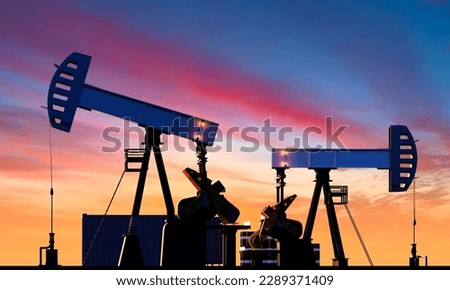Extraction of oil products. Oil fields at sunset. Petroleum industry. Derricks for extraction of crude oil. Petrochemical industry. Fuel production. Petroleum pumps. Hydrogen production. 3d image Stock fotó © 