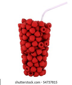 Extralarge resolution. Raspberry Glass shape with straw isolated over the white background