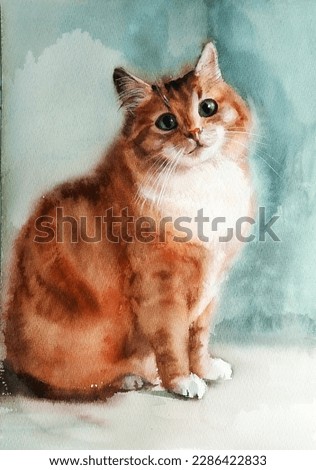 extraordinary beauty cutie fluffy red cat looks at us with bright emerald eyes on a beautiful colored background , watercolor painting
