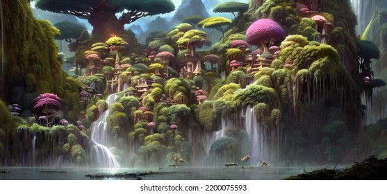 Extraordinary Colorful Forest City Of Fantasy And Imagination With Magical Glowing Plants Wallpaper Background. Digital Illustration.