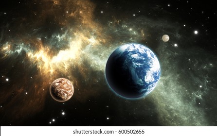 Extrasolar Planet. Earth-like Exoplanet On Background Nebula.