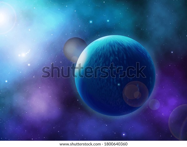 Extrasolar planet system. Blue\
Planet with Stone Moon - Exoplanet in Deep Space. 3D\
rendering.