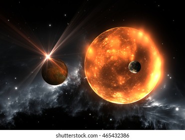 Extrasolar Planets Or Exoplanets And Red Dwarf Or Red Supergiant. 3D Illustration