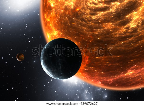 Extrasolar planets or exoplanets and red\
dwarf or red supergiant. 3D\
illustration