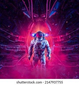Extraterrestrial encounter - 3D illustration of science fiction astronaut exploring alien space ship interior