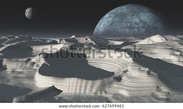 Extraterrestrial landscape, space background,\
moon surface, 3D\
rendering