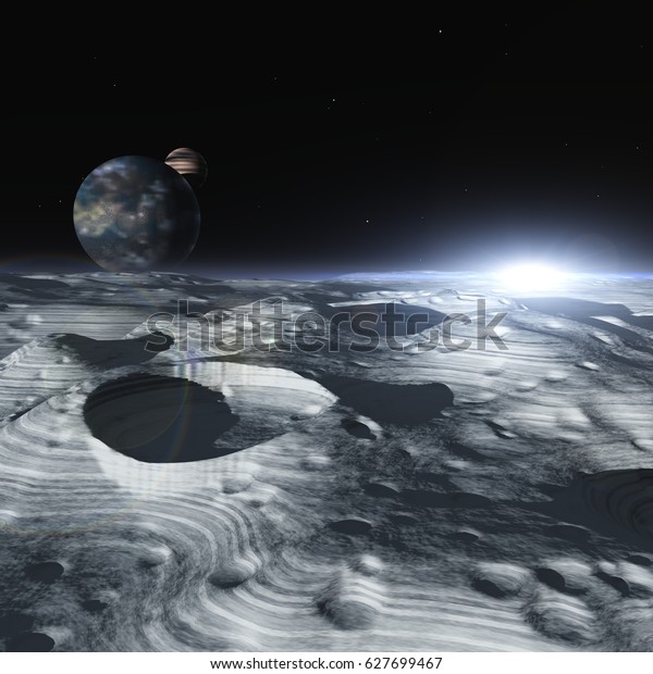 Extraterrestrial landscape, space background,\
moon surface, 3D\
rendering