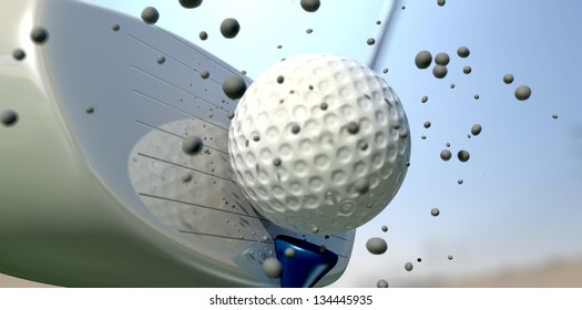 An Extreme Close Up Of A Golf Ball Being Hit Off Its Tee With A Club On A Blue Sky Background