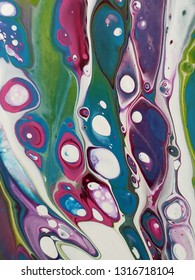 Extreme Close Up Of A Handmade Acrylic Pour Painting With Colorful Cells.