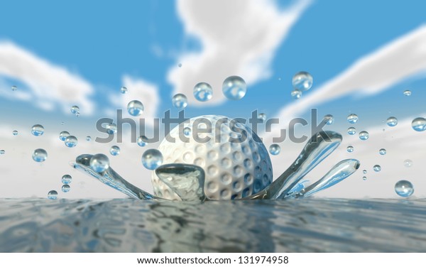 An extreme closeup of a golf ball hitting\
water on a blue sky\
background