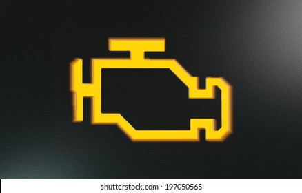 An extreme closeup of an illuminated orange check engine indicator dashboard light on an isolated black textured background