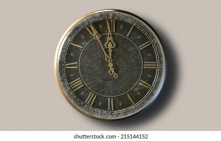 An extreme closeup of a section of a round antique watch with roman numerals and ornate metal hands approaching midnight on an isolated dark background