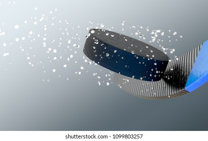 An extreme closeup slow motion action capture of a ice hockey puck striking a hockey stick with ice particles emanating on a dark isolated background - 3D render