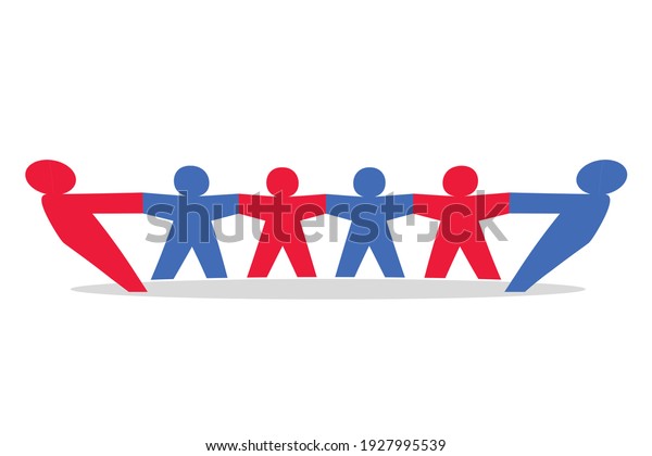Extreme, left and right, divided conservative and\
liberal abstract political democratic figures alternating in a line\
pulling against each\
other
