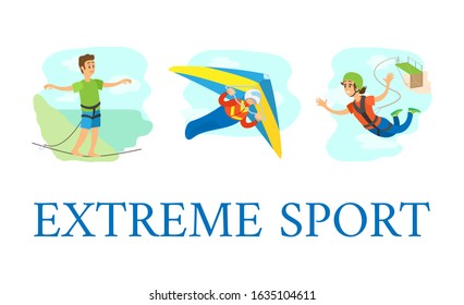 Extreme Sport Raster, People Hobby Set, Bungee Jumping And Hang Gliding, Highlining Male And Female. Woman With Special Equipment, Man Glider Set